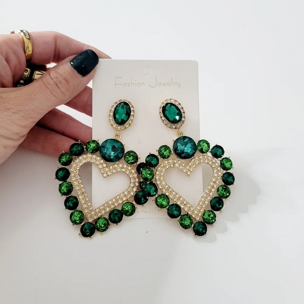 Green crystal heart shaped earrings new